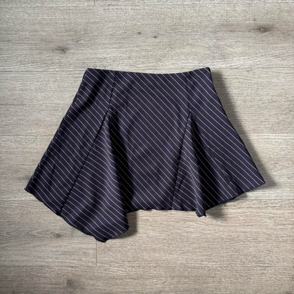 navy pinstripe asymmetrical mini skirt